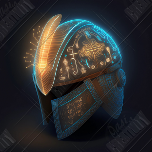 Helmet with glowing runic inscriptions