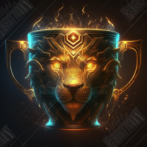 Glowing golden cup inlaid with a lion head
