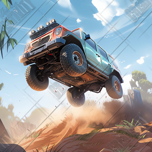 Bottom view of a rally truck jumping over a hill