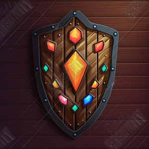 Wooden shield icon inlaid with colorful gems