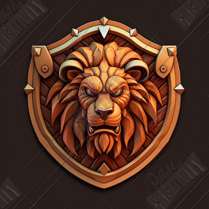 Wooden shield with a lion face sculpted on it