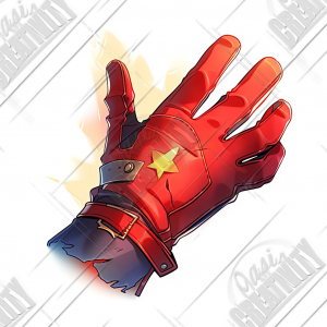 Red glove with yellow star printed on it