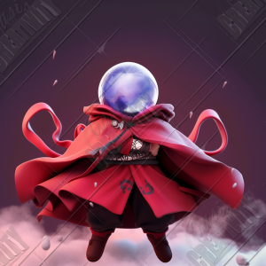 Character with crystal ball head flying above the clouds