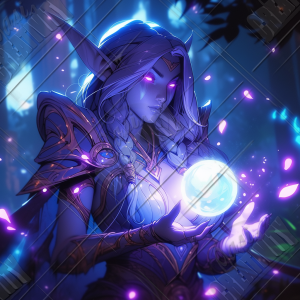 Female elf prophetess looking through levitating energy ball