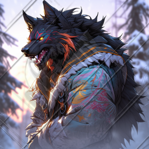 Wolf character with war paintings in snowy forest